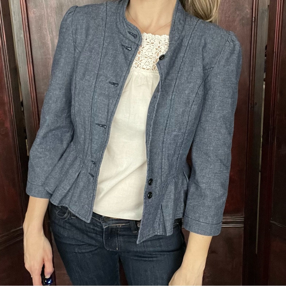 Tulle Denim Like Peplum Blazer size S fully lined. - Picture 8 of 13
